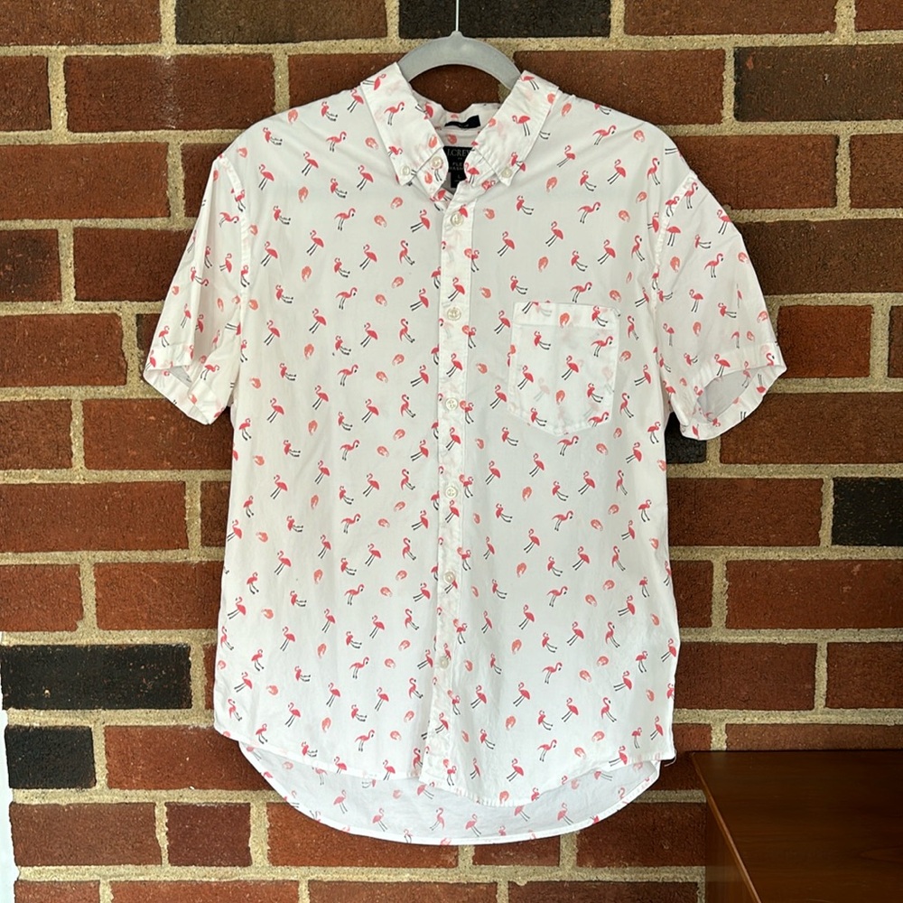 J. Crew Flex Washed Slim Flamingo & Shrimp Short Sleeved Button Down